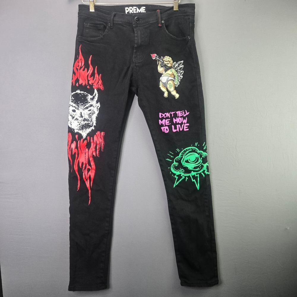 Preme Graphic Denim Jeans Slim Fit 34x33 Black Streetwear Devil Cupid Tattoo